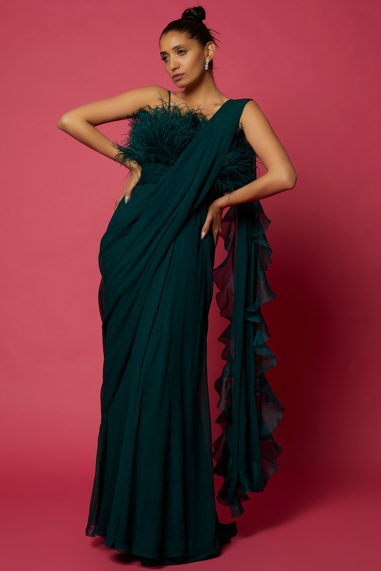 Buy Blue Crepe Embroidery Round Draped Ruffle Saree Gown For Women by Jade  By Ashima Online at Aza Fashions.